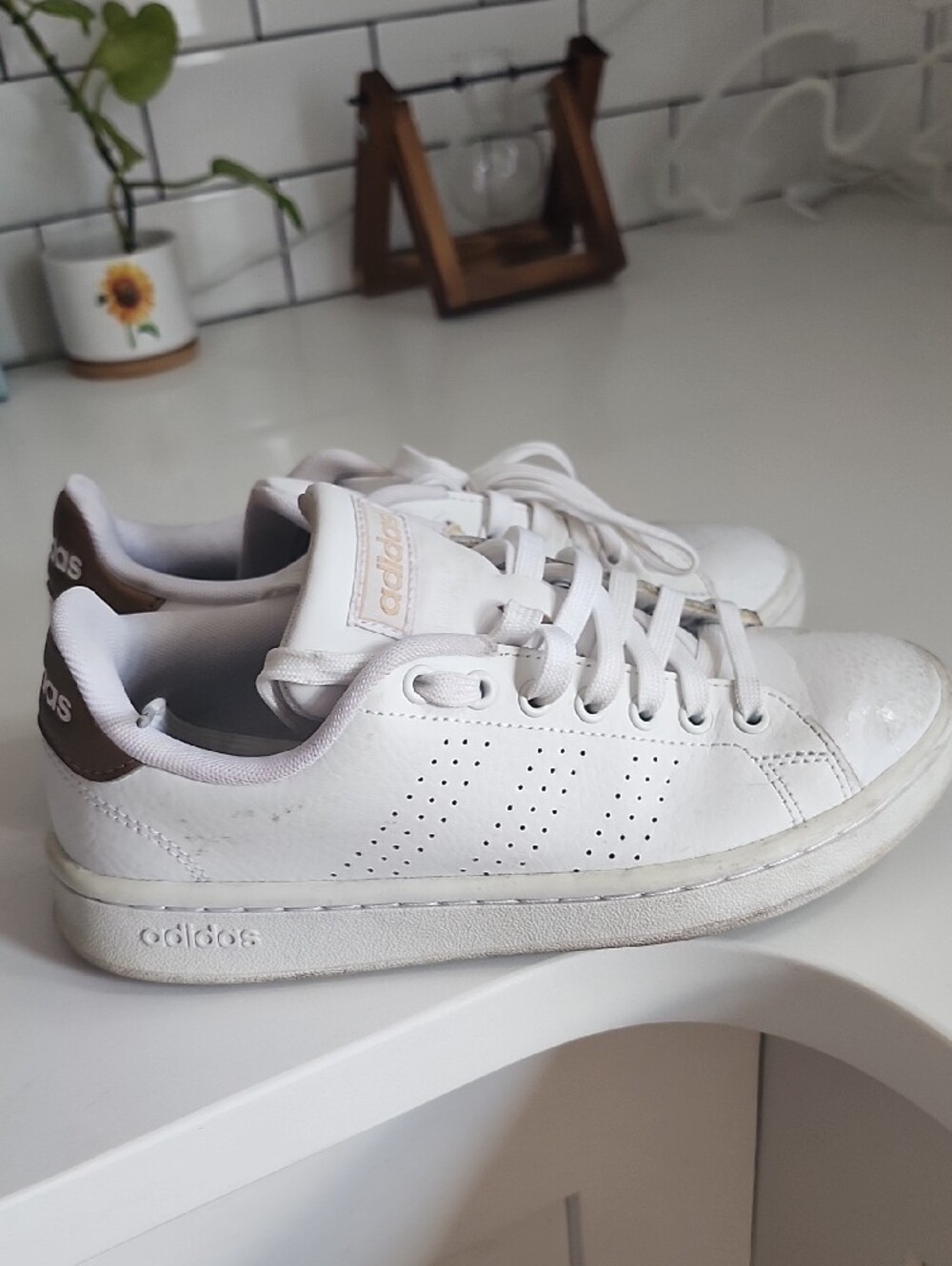 adidas White Leather Lace-Up Sneakers with Gold Logo Accents